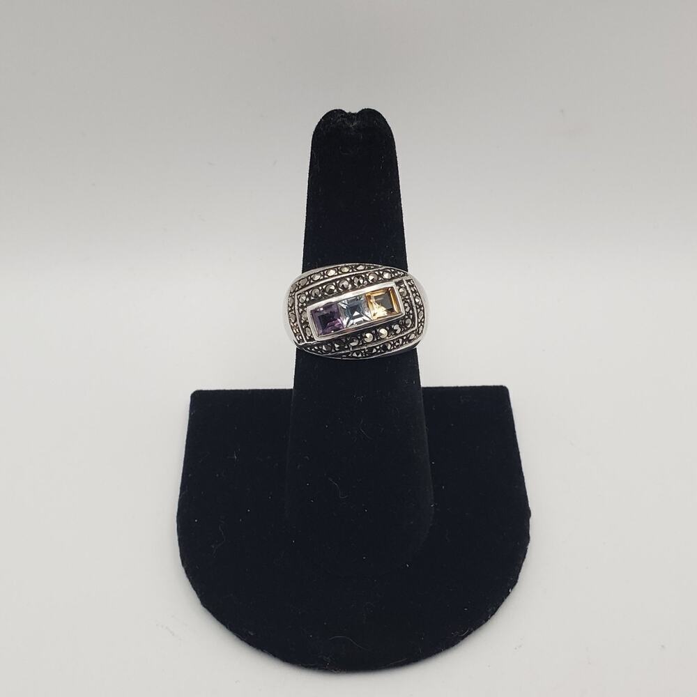 925 Sterling Silver Amethyst Citrine Topaz Marcasite Gem Ring Size 6.75 Vintage